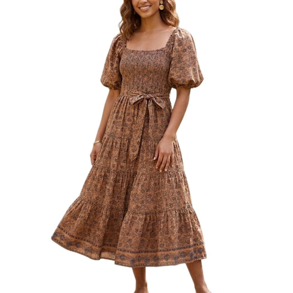 A Loves A | Golden Oat Brown Floral Puff Sleeve Boho Midi Dress | Size	Small